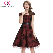 Grace Karin Ladies Cap Sleeve Tafetá Curto Maroon 1950 Retro Vintage Dress CL008935-3